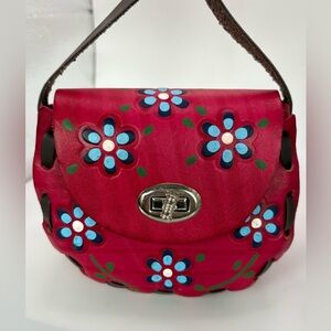 Vintage SMALL Mexican Hand Tooled Leather Crossbody Floral Purse Bag 5”